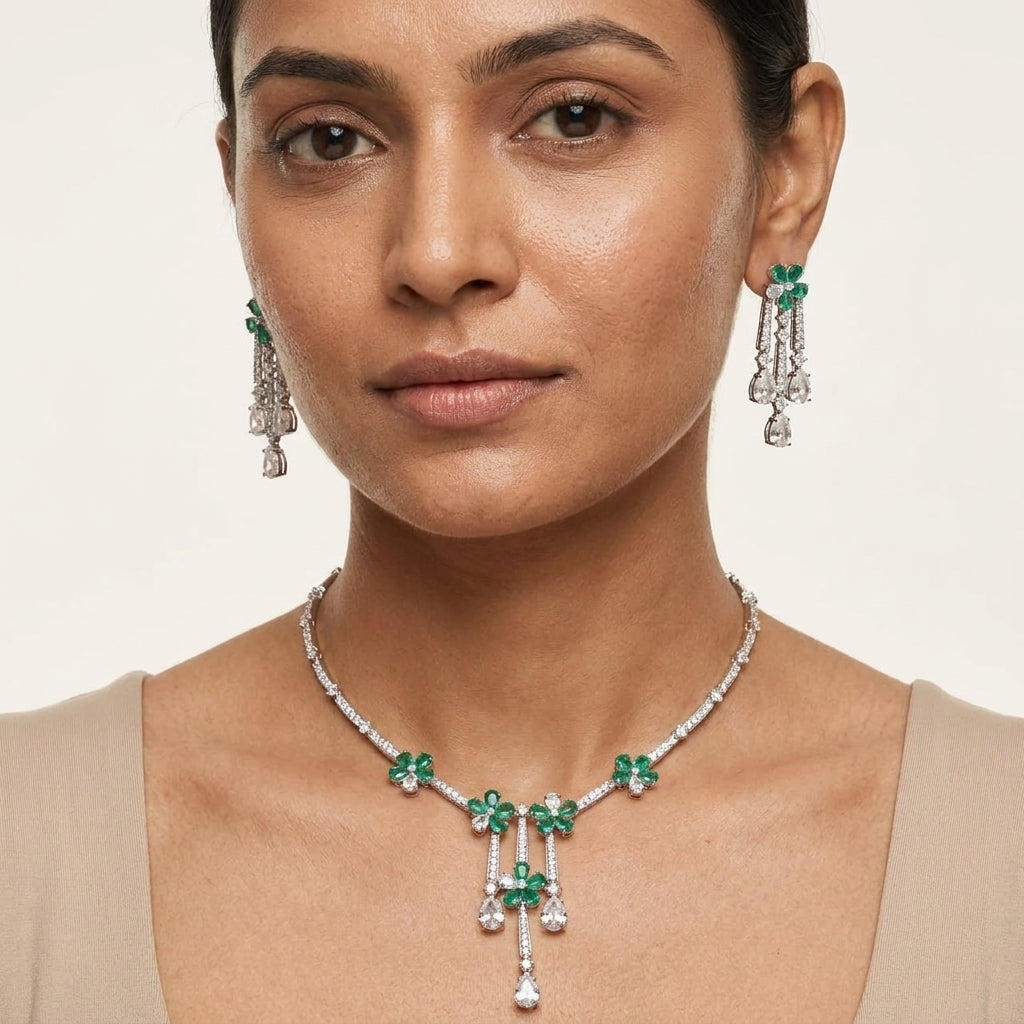 Lab Grown Emerald Floral Drop Necklace Set with Moissanite in Silver