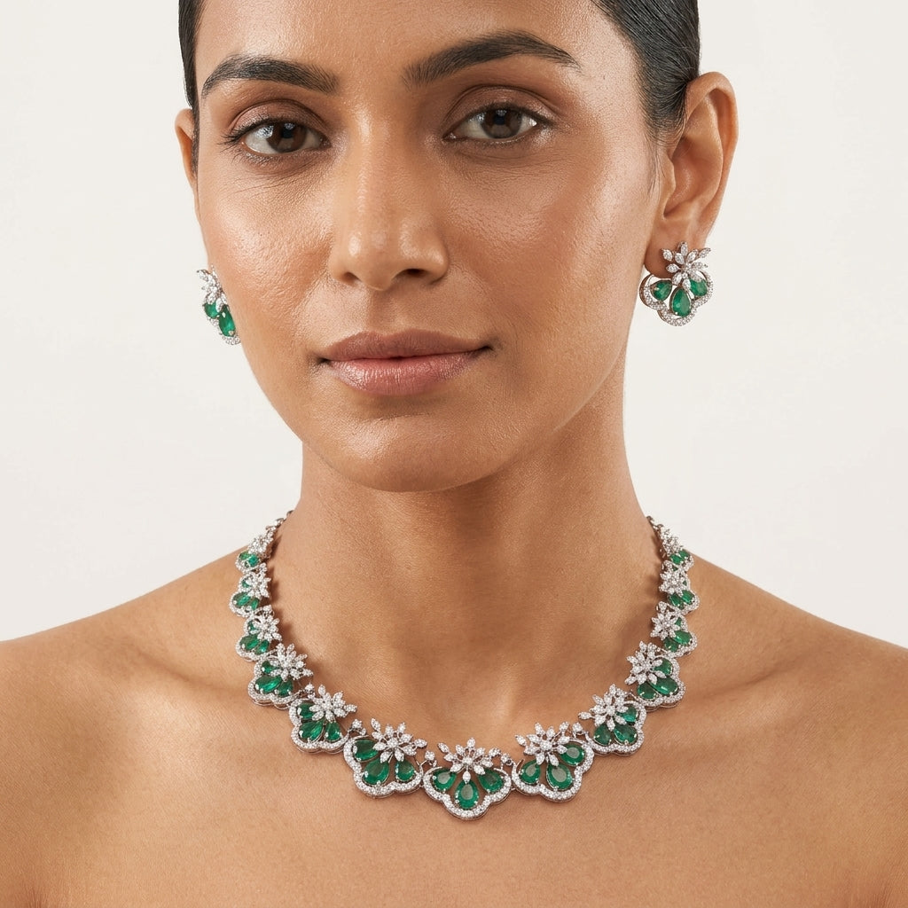 Festive Lab Grown Emerald Moissanite Necklace in 925 Silver