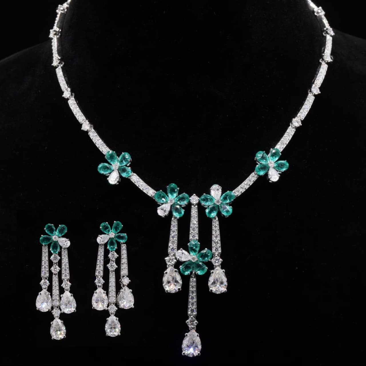 Lab Grown Emerald Floral Drop Necklace Set with Moissanite in Silver