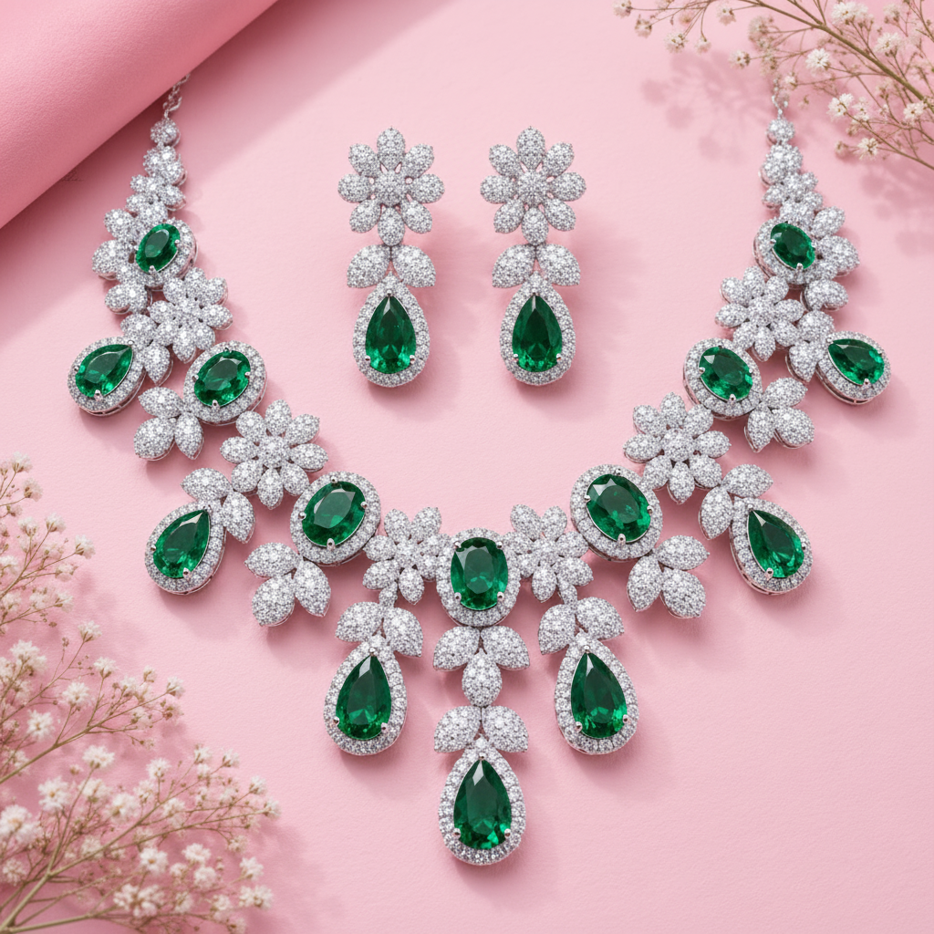 Bridal Moissanite and Lab Emerald Necklace in 925 Silver