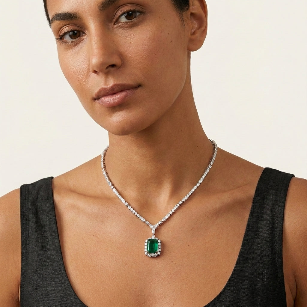 Emerald Luxe Moissanite Statement Necklace with Lab Grown Emerald in 92.5 Silver