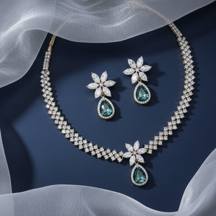 Lab Grown Emerald with Moissanite Floral Drop Necklace Set in Silver, Perfect for wedding