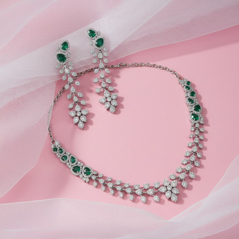 925 Silver & Moissanite with Lab Grown Emerald Necklace, Bridal wear