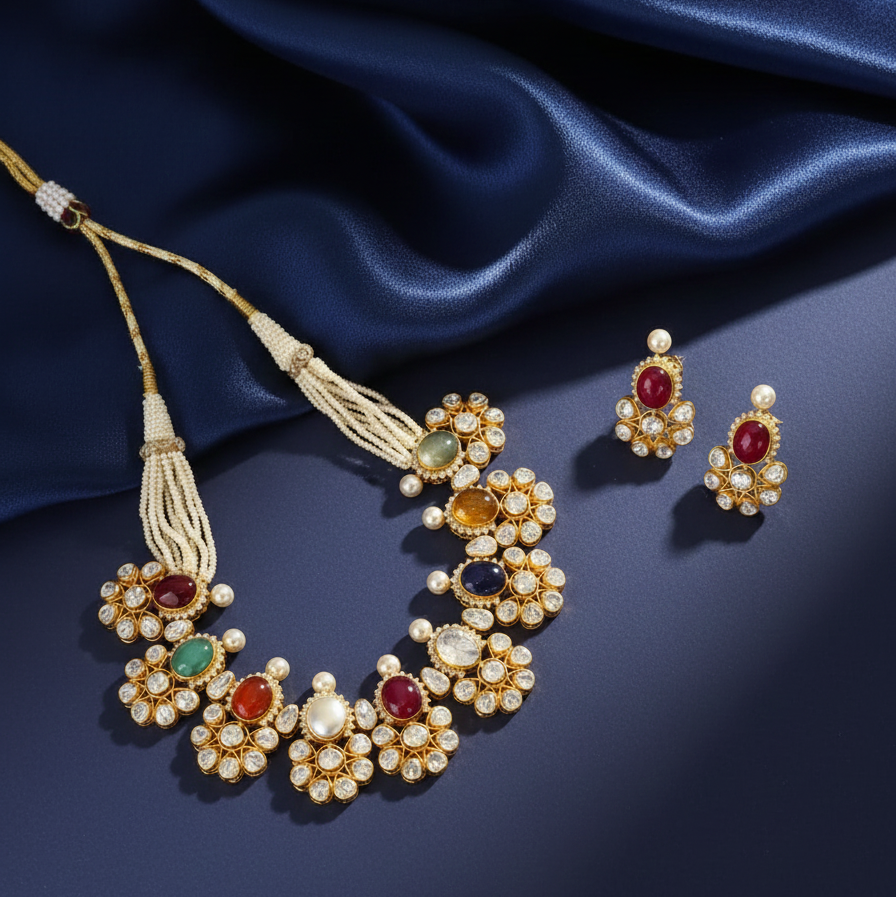 Navratan Necklace in Sterling Silver with Moissanite Polki