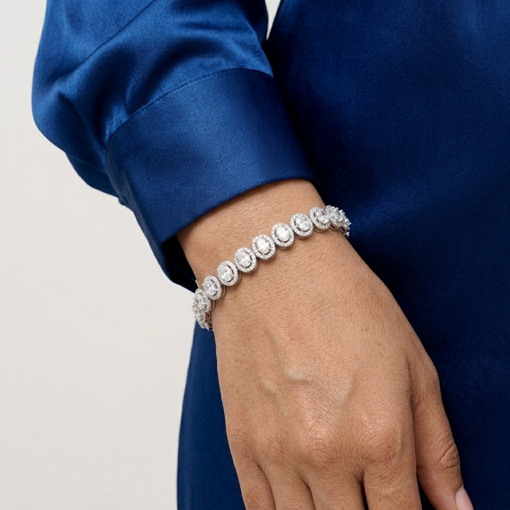 925 Silver Seraphina Oval Halo Moissanite Tennis Bracelet in Moissanite Diamond