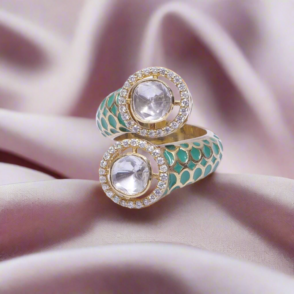 Handcrafted Adjustable 92.5 Silver Ring with Moissanite polki