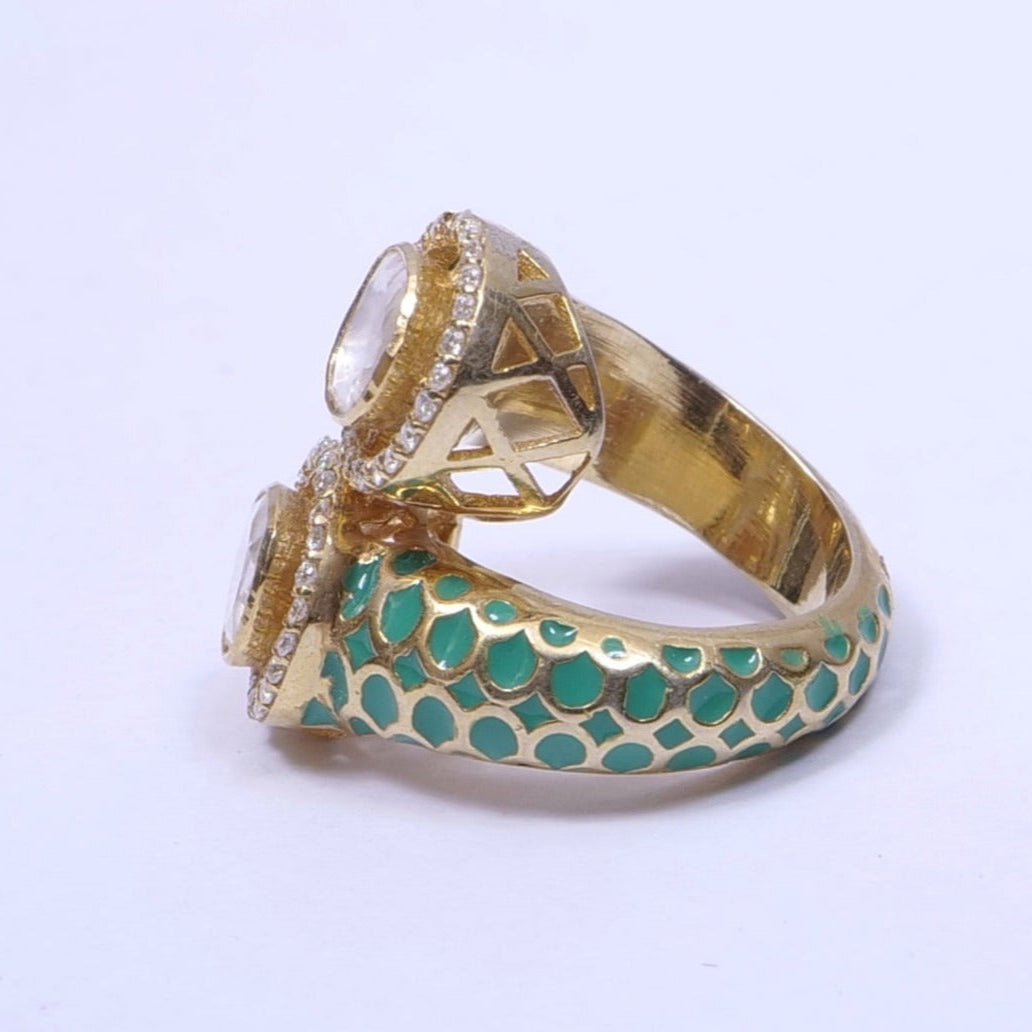 Handcrafted Adjustable 92.5 Silver Ring with Moissanite polki