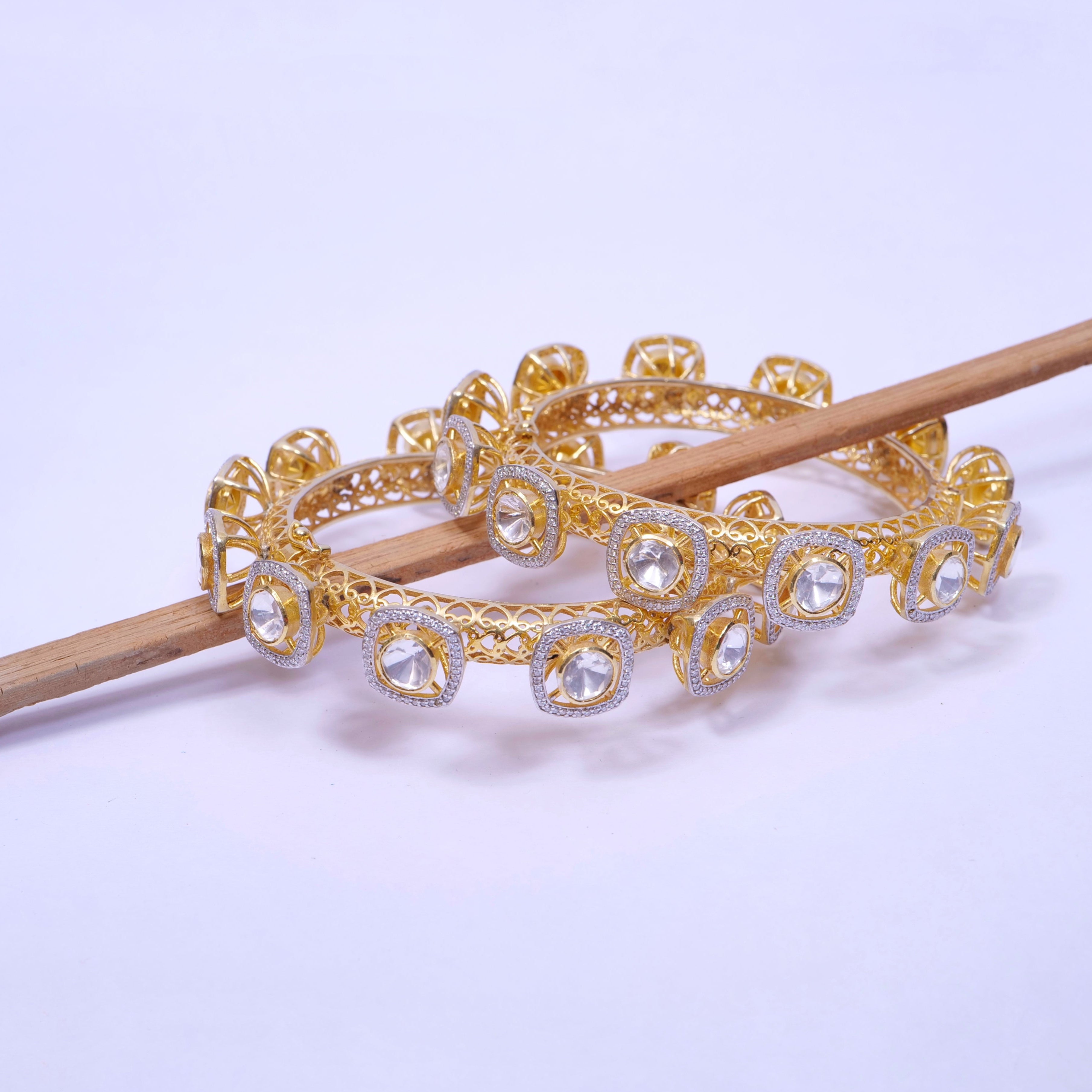 Moissanite Square Polki Bangles in Silver