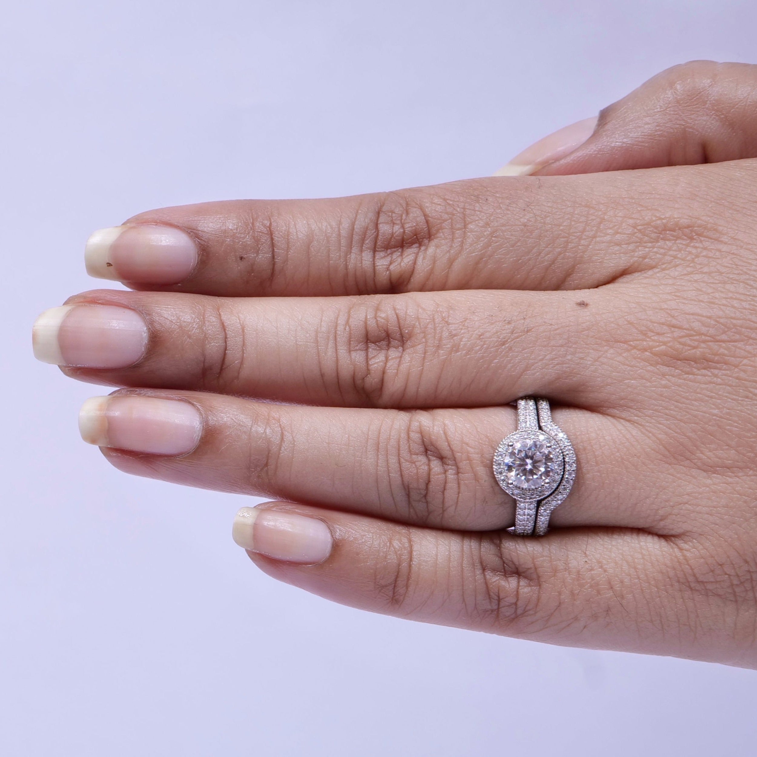 2 in 1 halo Engagement Ring Set with Moissanite in Sterling Silver