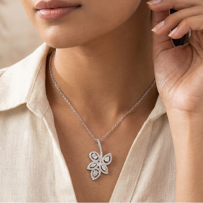 Moissanite Encrusted Autumn Leaf Pendant in Silver
