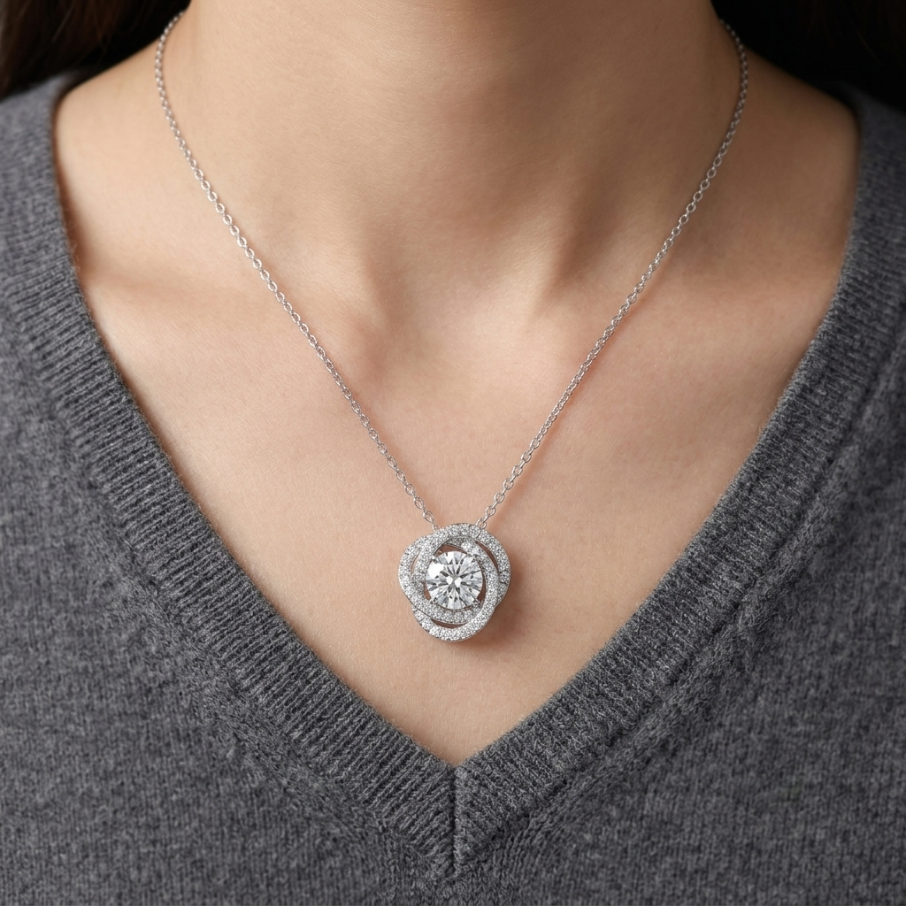 Intertwined Cluster Solitaire Pendant in Sterling Silver with Moissanite