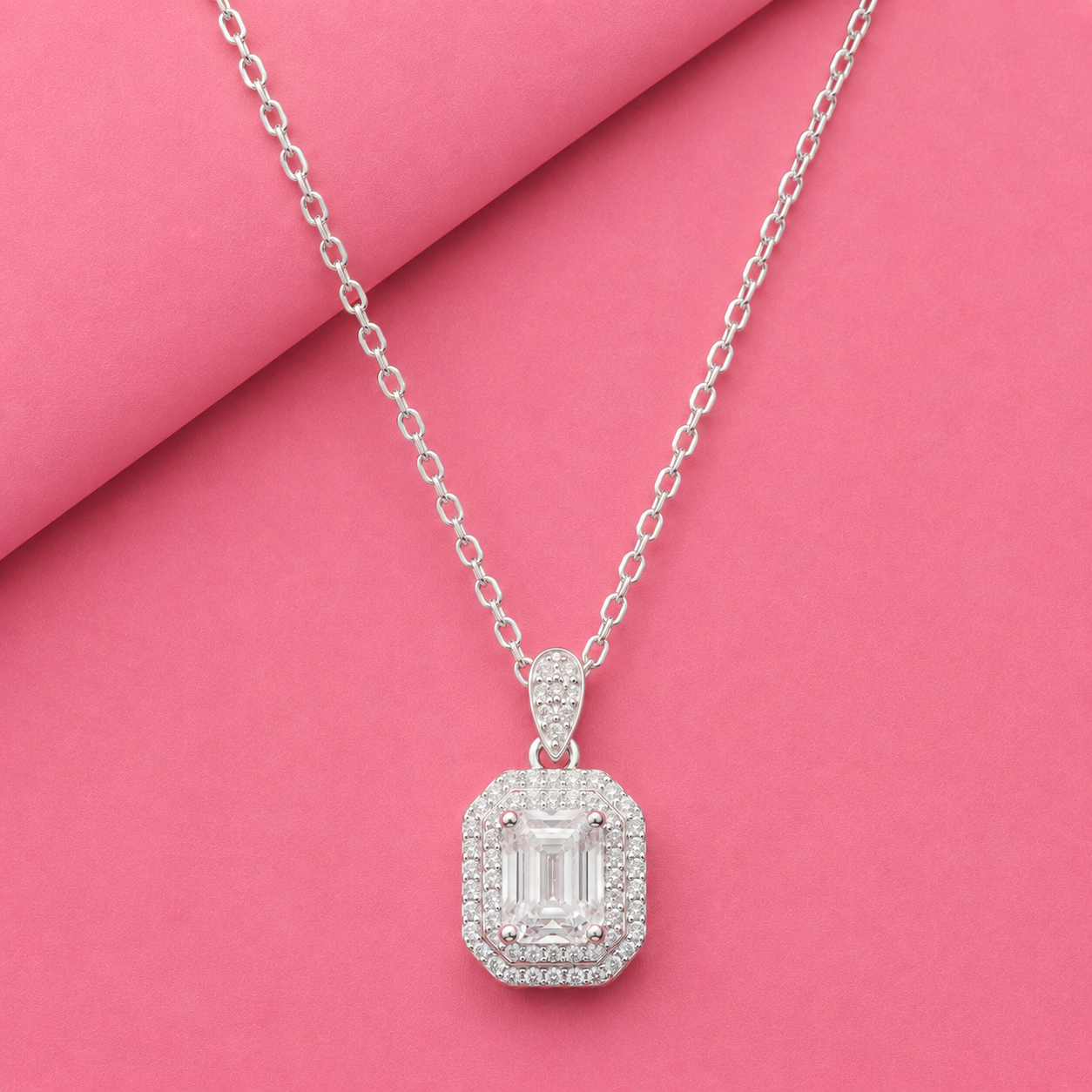 Delicate sparkle baguette Pendant in Moissanite with Silver