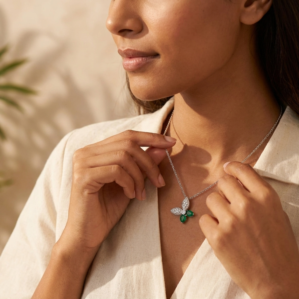 Butterfly Lab Grown Emerald Pendant with Moissanite and in Sterling Silver