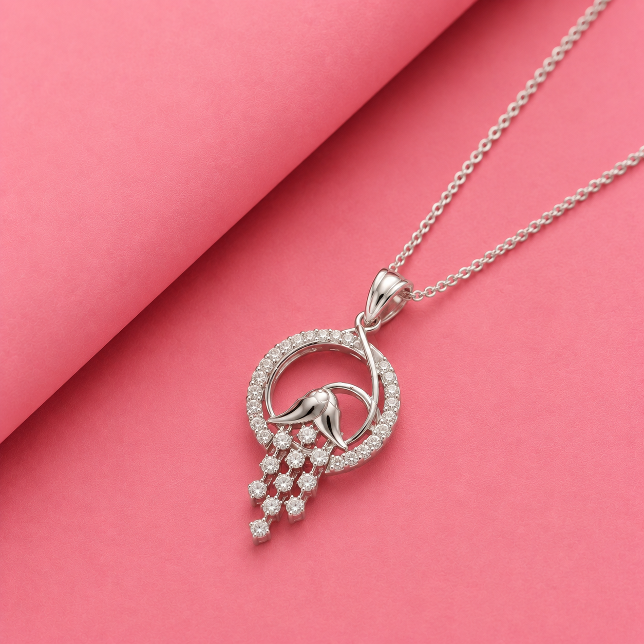 Rose Floral Droplet Pendant in Sterling Silver with Moissanite