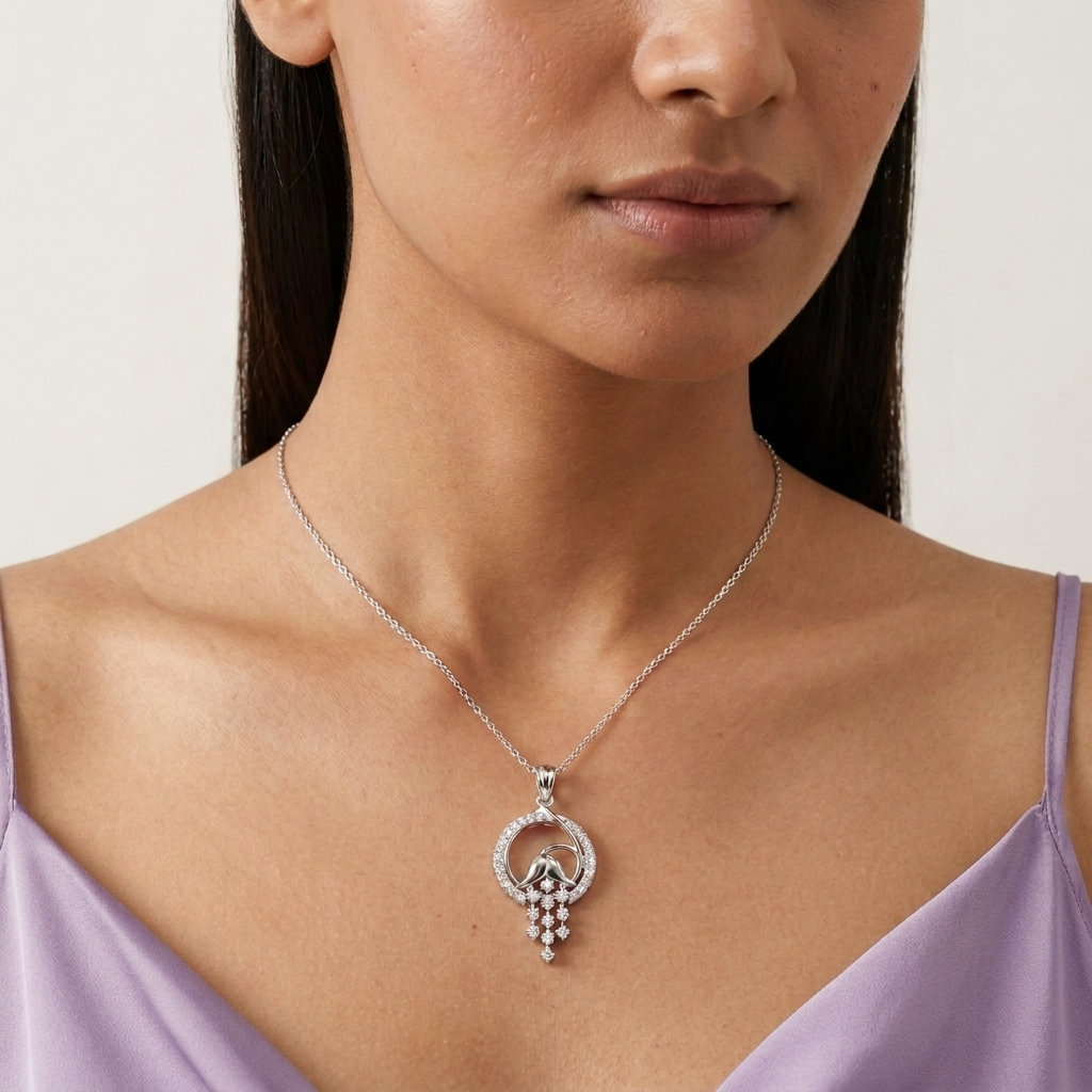 Rose Floral Droplet Pendant in Sterling Silver with Moissanite