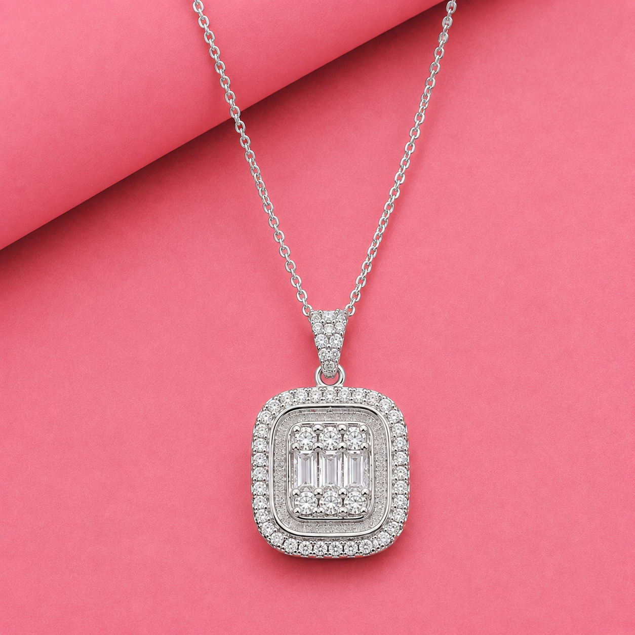 Emerald Shaped Moissanite Pendant in Silver