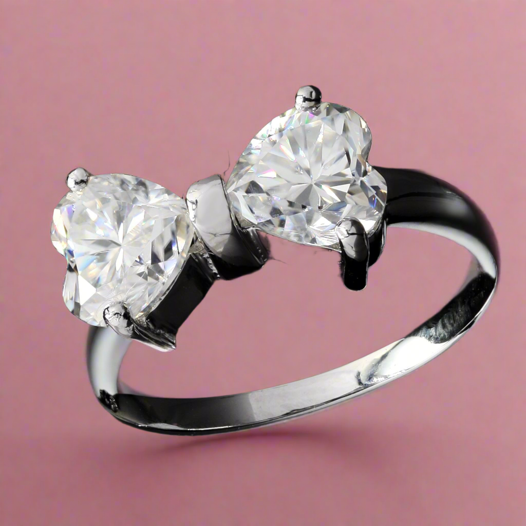 Two Stone Bow Ring, Two Heart Shape Moissanite Bow Style Ring, Bow Tie Moissanite Ring