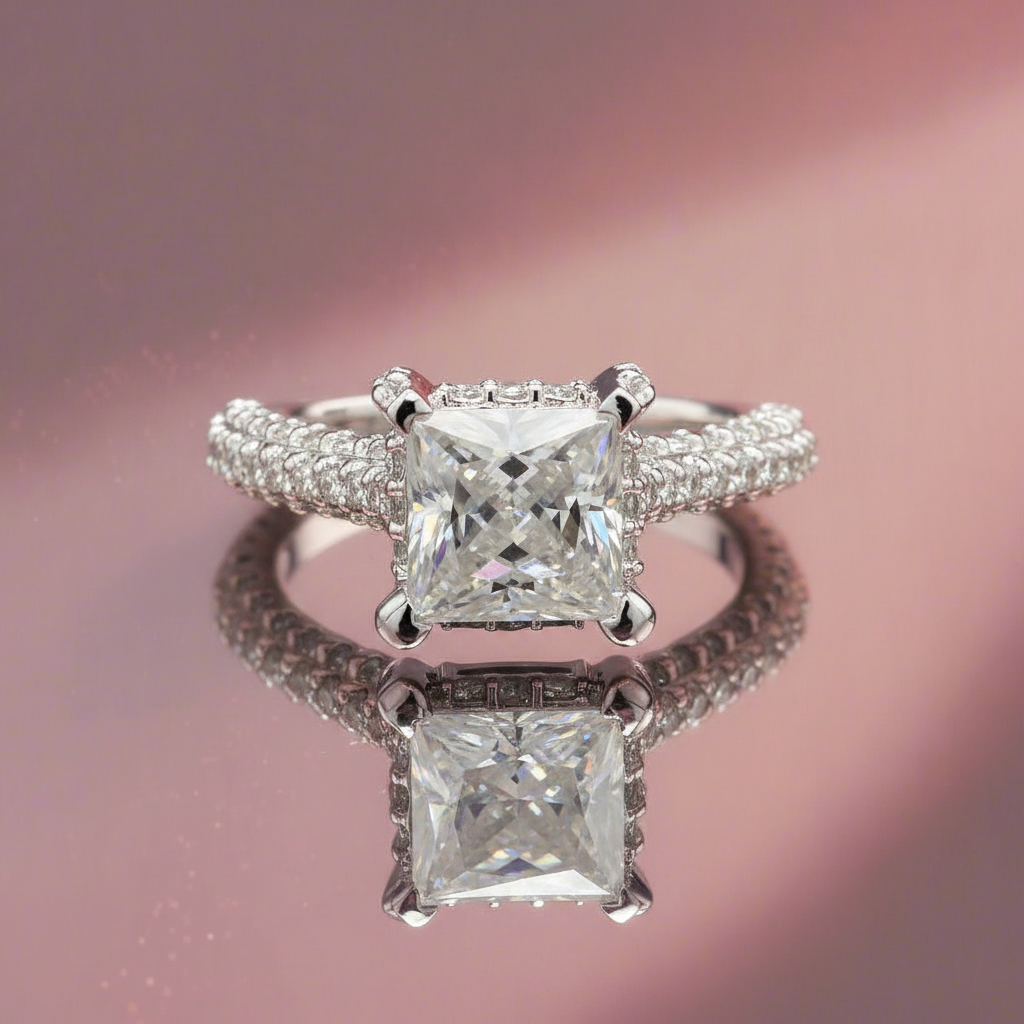 Princess & Round cut Ring with Moissanite in Sterling Silver