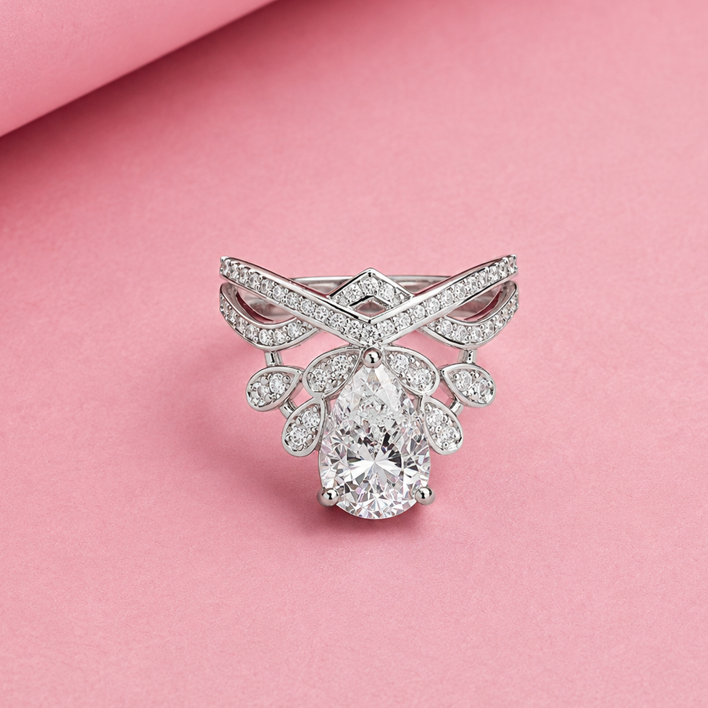 Pear Cut Crown Engagement Ring with Moissanite in Sterling Silver