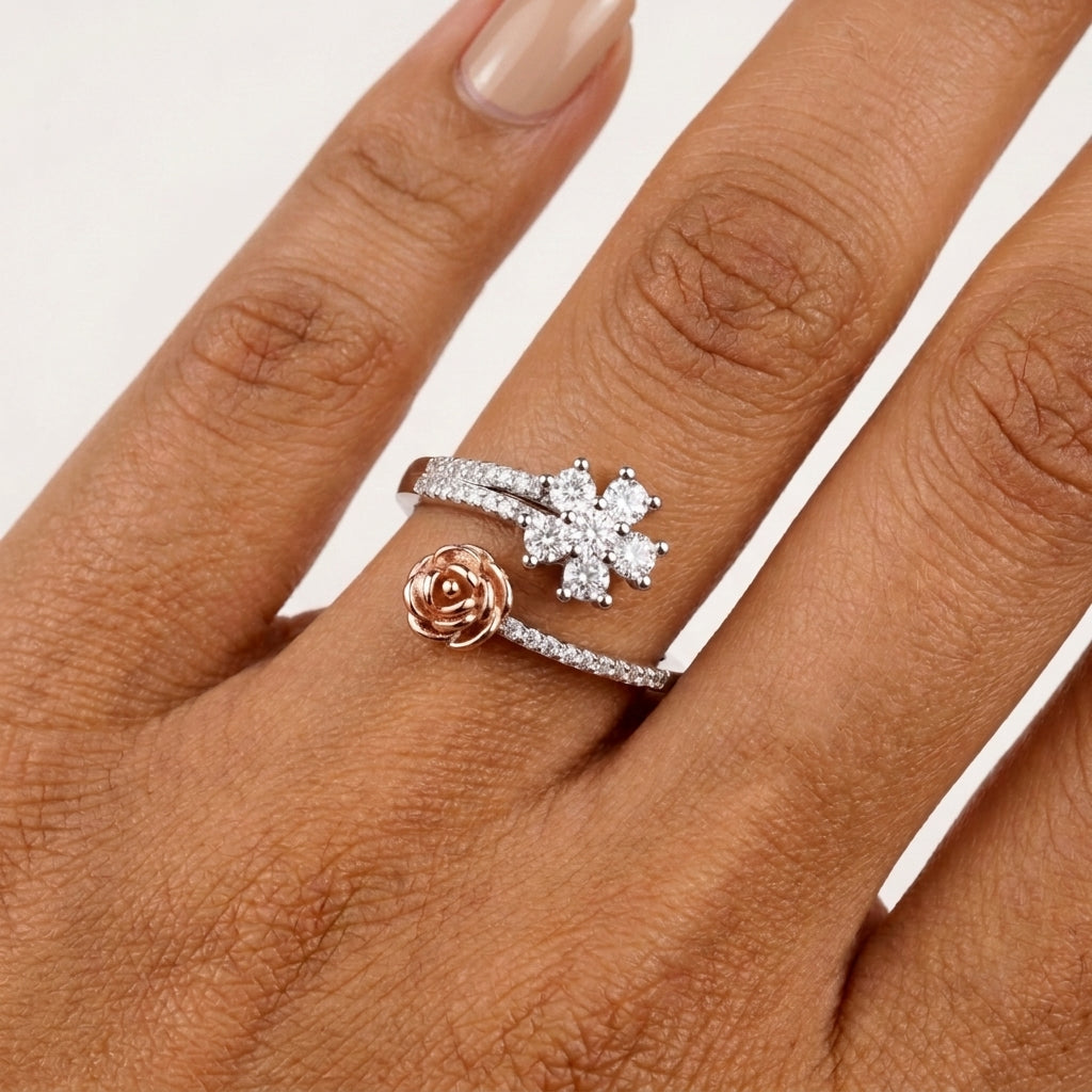 Rose Gold color Rose Ring in Sterling silver with Moissanite