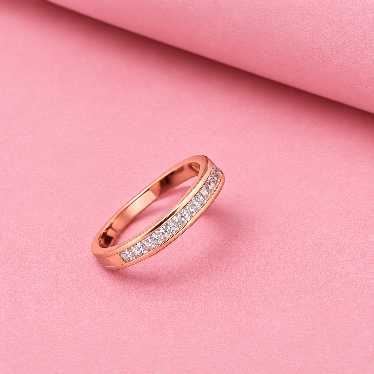 Rose Gold Band Ring with Moissanite and Sterling Silver