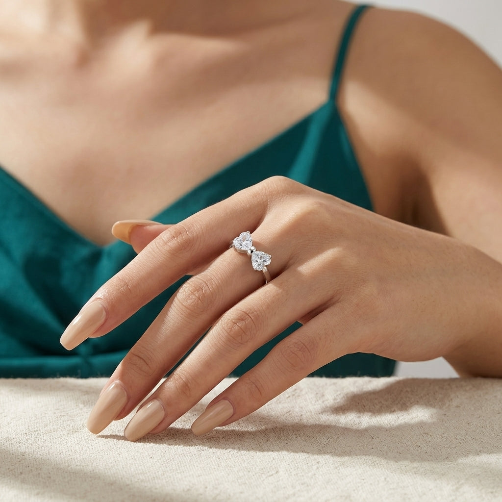 Two Stone Bow Ring, Two Heart Shape Moissanite Bow Style Ring, Bow Tie Moissanite Ring