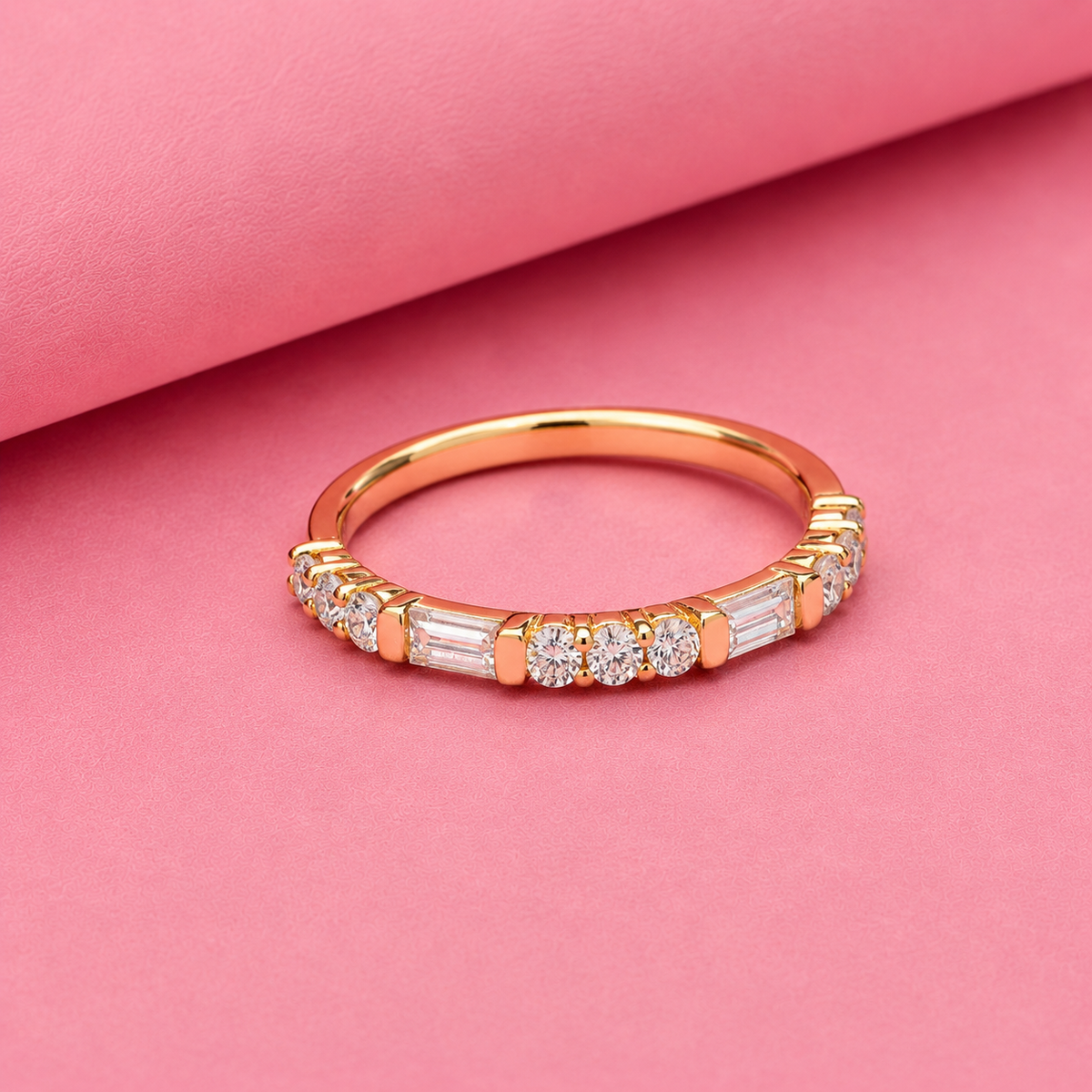 Straight Baguette and Round Natural Band Ring with Moissanite and Sterling Silver