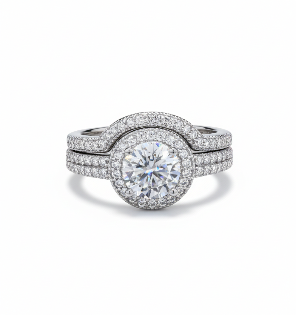 2 in 1 halo Engagement Ring Set with Moissanite in Sterling Silver