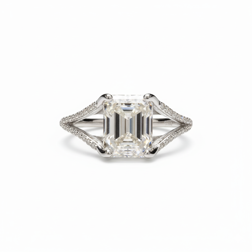 Emerald Cut Split Shank Ring with Moissanite in Sterling Silver