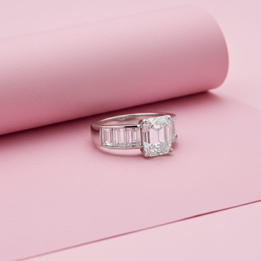 Classic Emerald Cut and step down Baguette Ring with Moissanite in Sterling Silver
