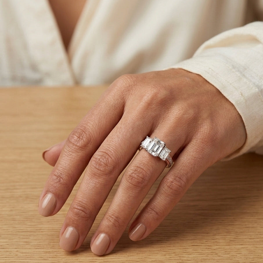 3 stone Engagement Emerald cut Ring with Moissanite in Sterling Silver