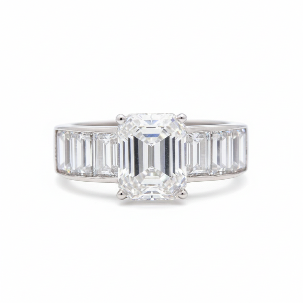 Classic Emerald Cut and step down Baguette Ring with Moissanite in Sterling Silver