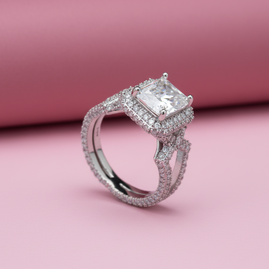 Sterling Silver Stunner Radiant Ring with Moissanite in Sterling Silver