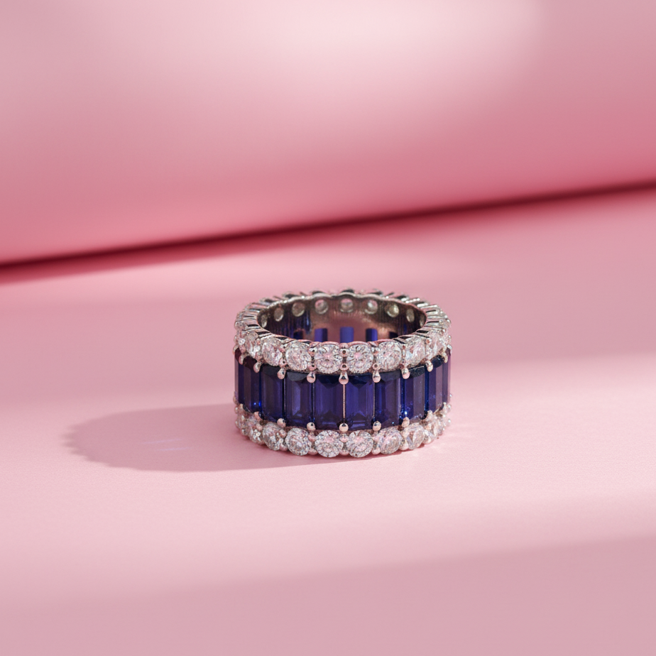 Classic Baguette Eternity Ring Band with Moissanite in Sterling Silver