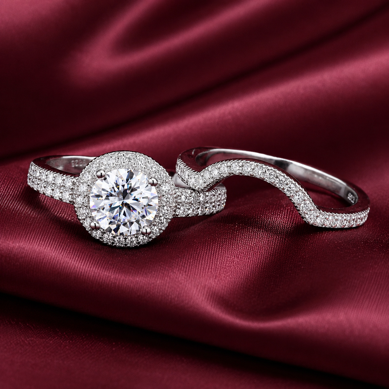 2 in 1 halo Engagement Ring Set with Moissanite in Sterling Silver