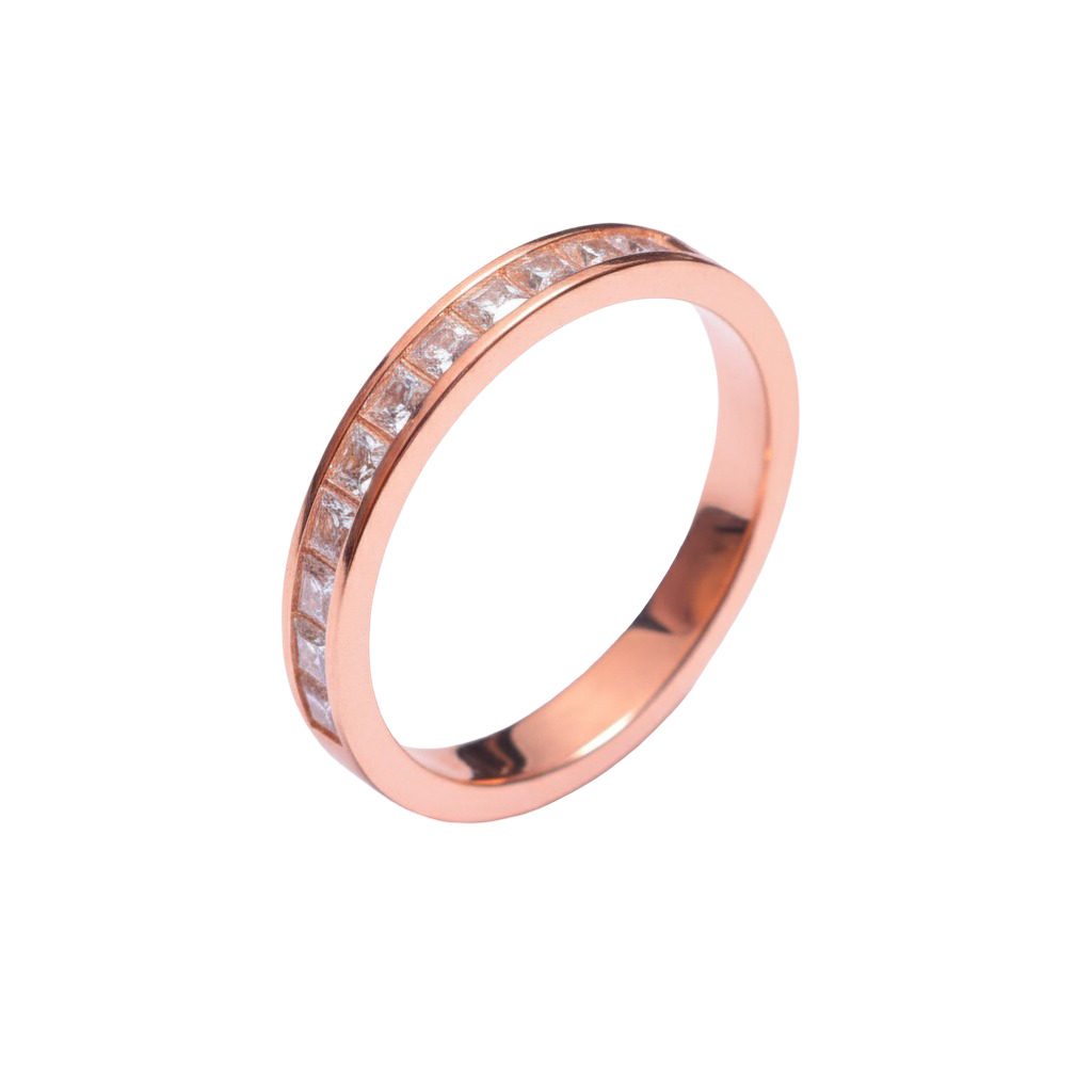 Rose Gold Band Ring with Moissanite and Sterling Silver