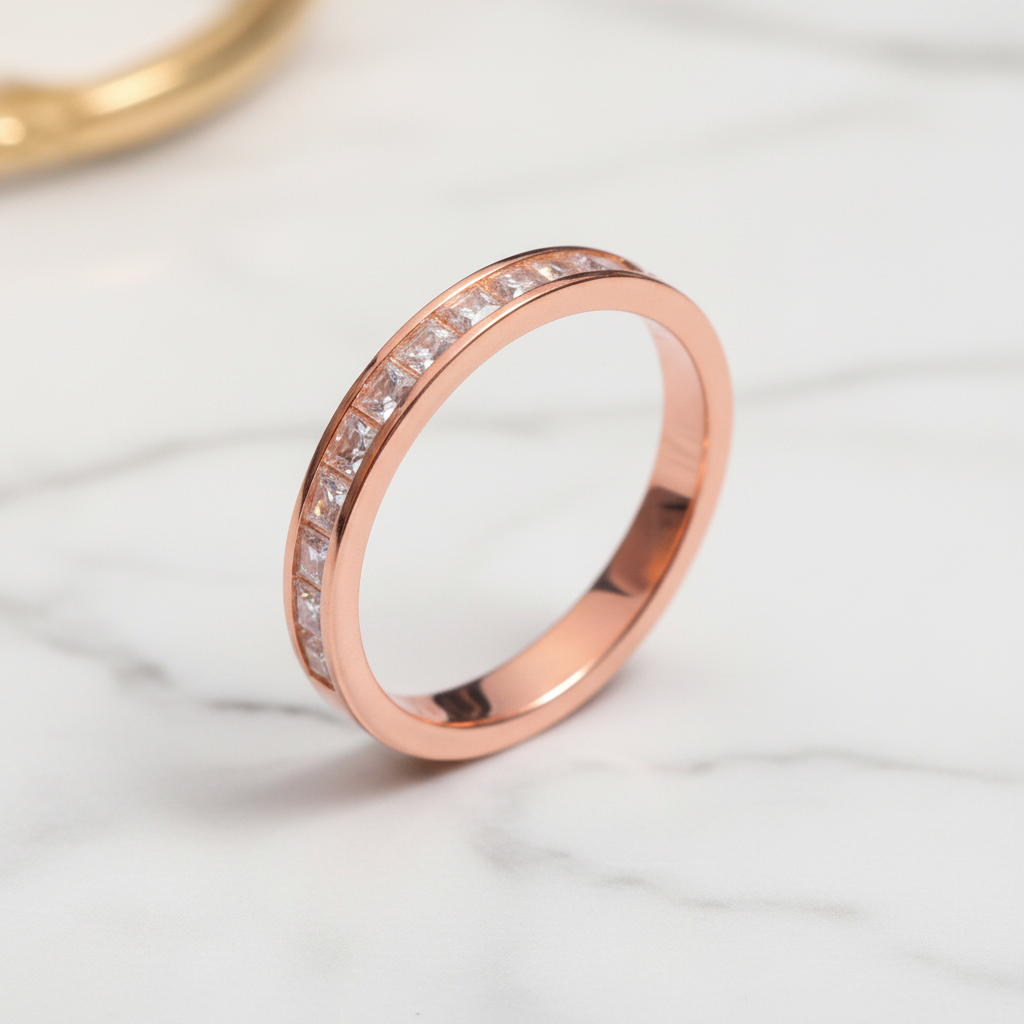 Rose Gold Band Ring with Moissanite and Sterling Silver