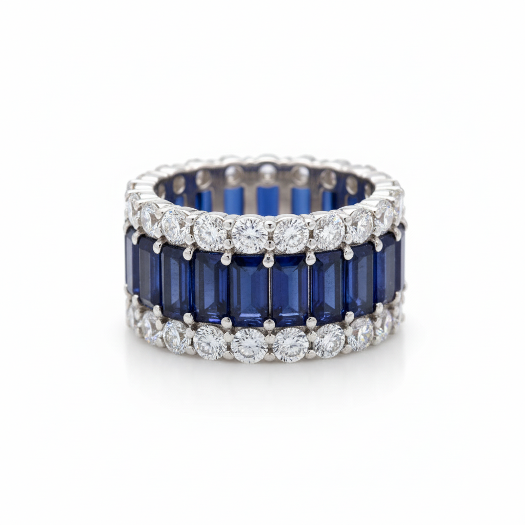 Classic Baguette Eternity Ring Band with Moissanite in Sterling Silver