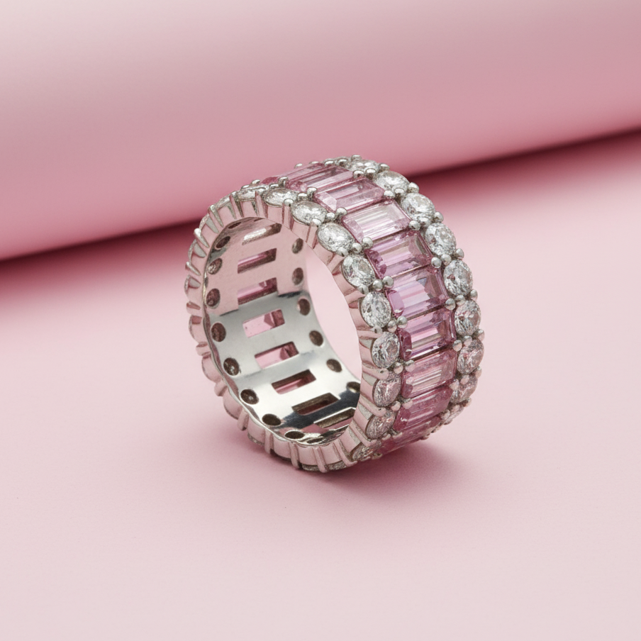 Classic Baguette Eternity Ring Band with Moissanite in Sterling Silver