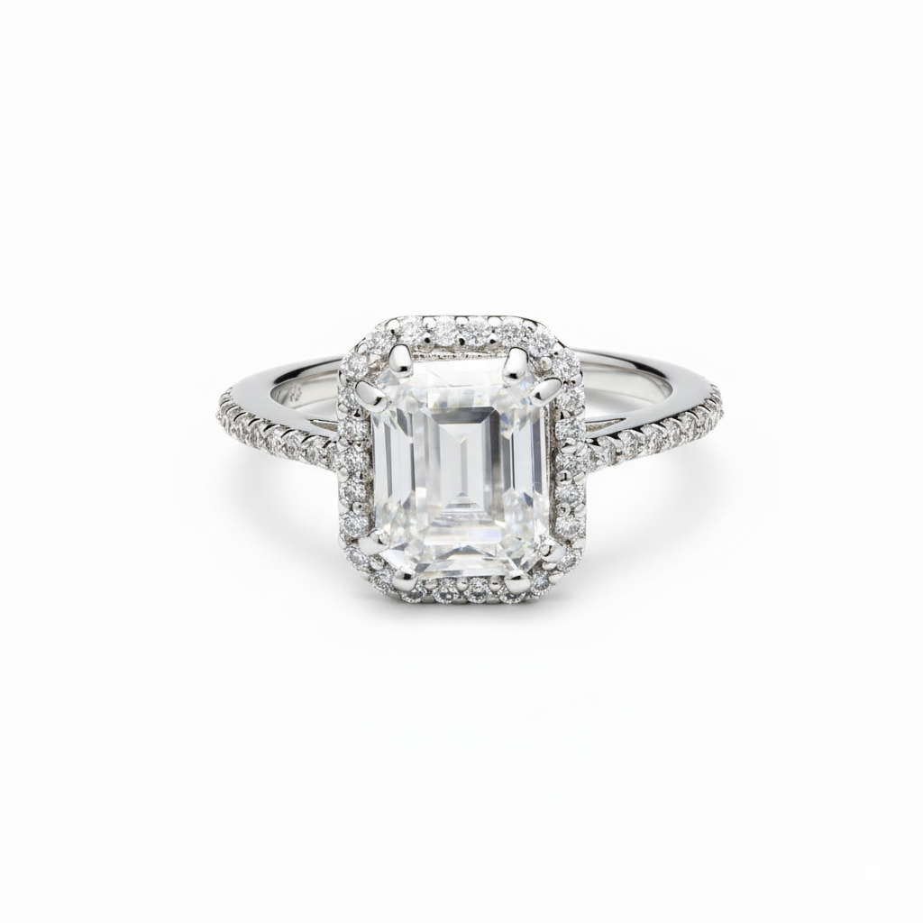 Emerald Solitaire Ring with Crown Halo in Moissanite with Sterling Silver
