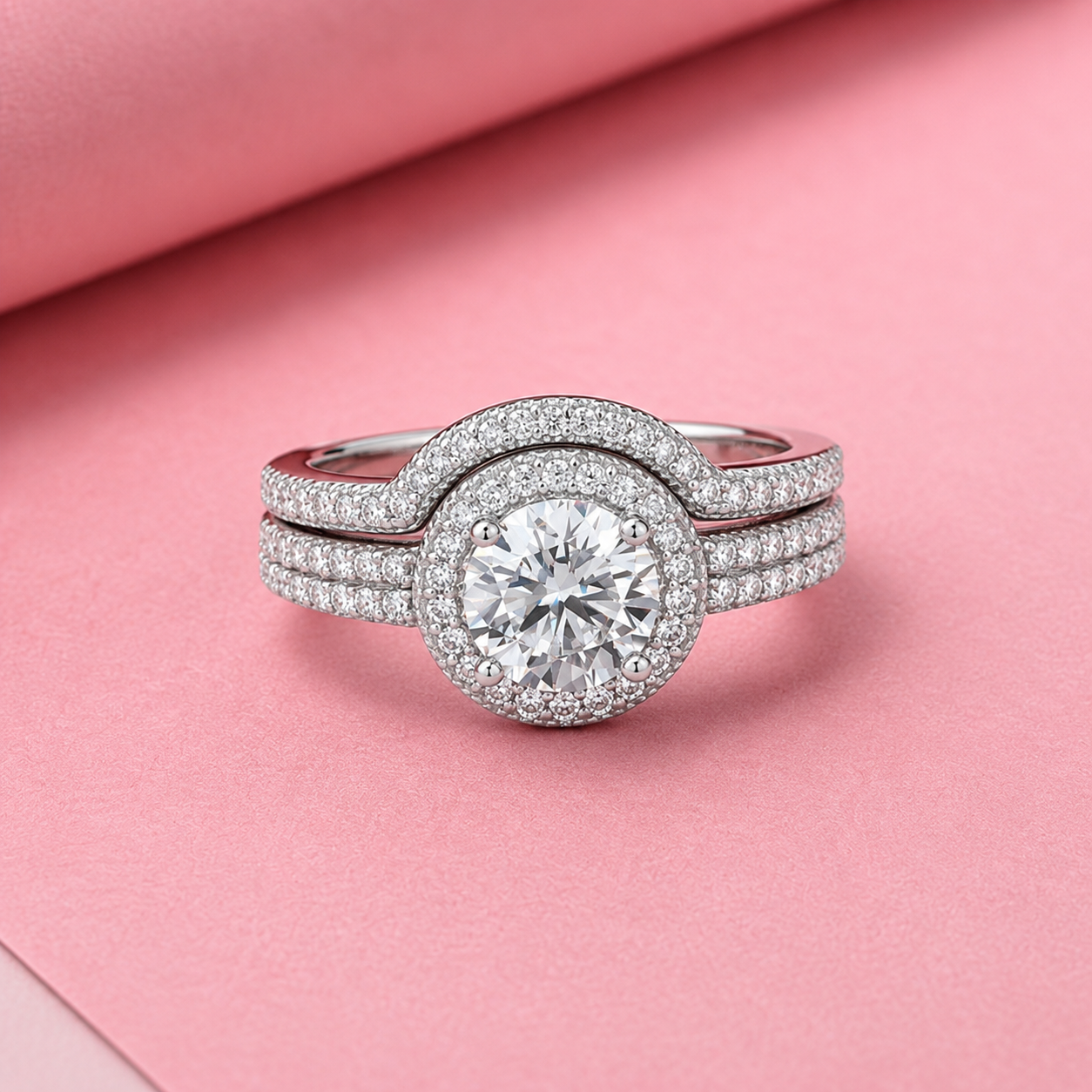 2 in 1 halo Engagement Ring Set with Moissanite in Sterling Silver