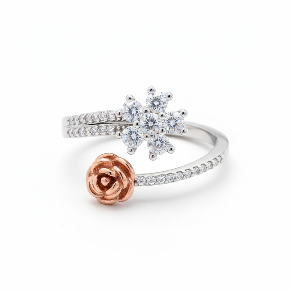 Rose Gold color Rose Ring in Sterling silver with Moissanite