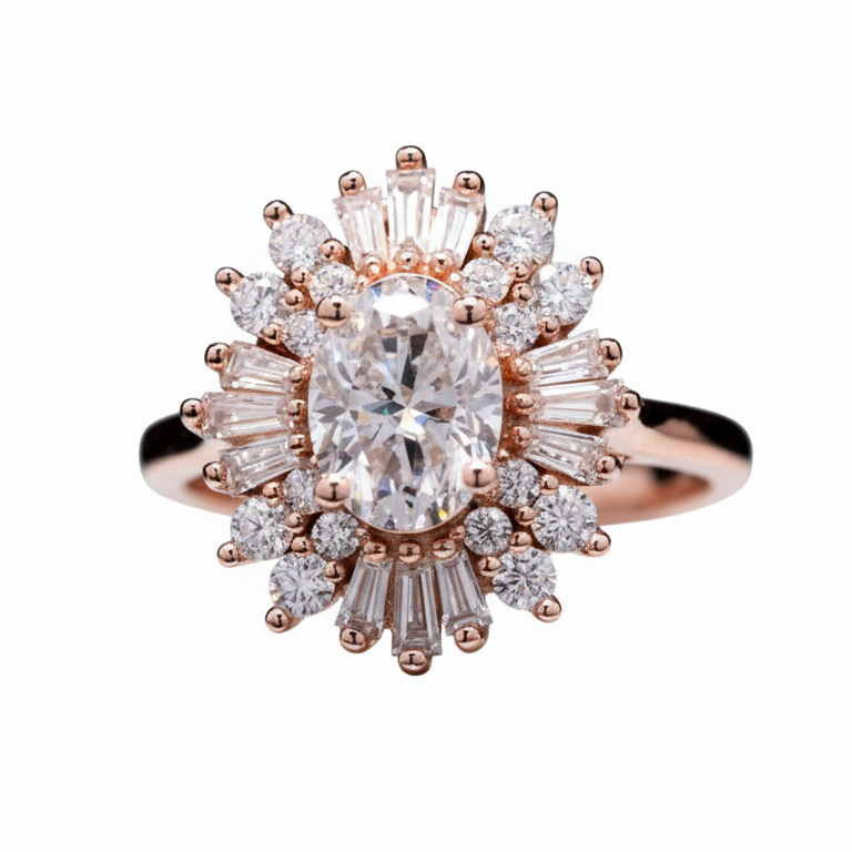Star Burst Round Moissanite Diamond Ring| 925 silver| Rose Gold