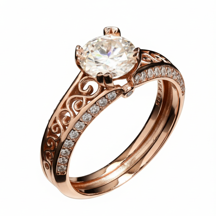 Elegant design Filigree Engagement Ring with Moissanite in Sterling Silver