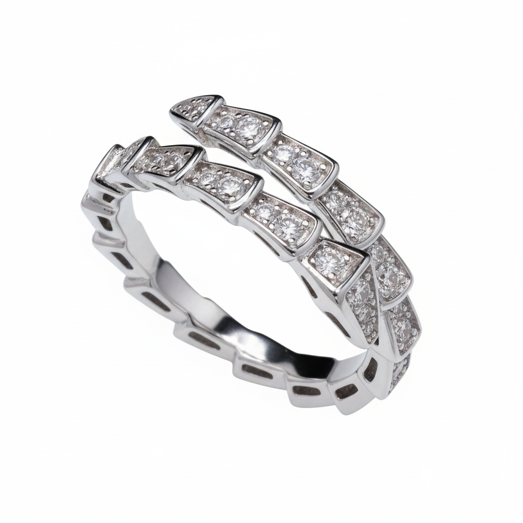Sterling Silver with Moissanite Serpent Coil Ring| Snake Ring