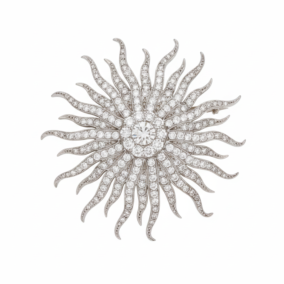 Sun Brooch in 925 Sterling Silver with Moissanite Stones