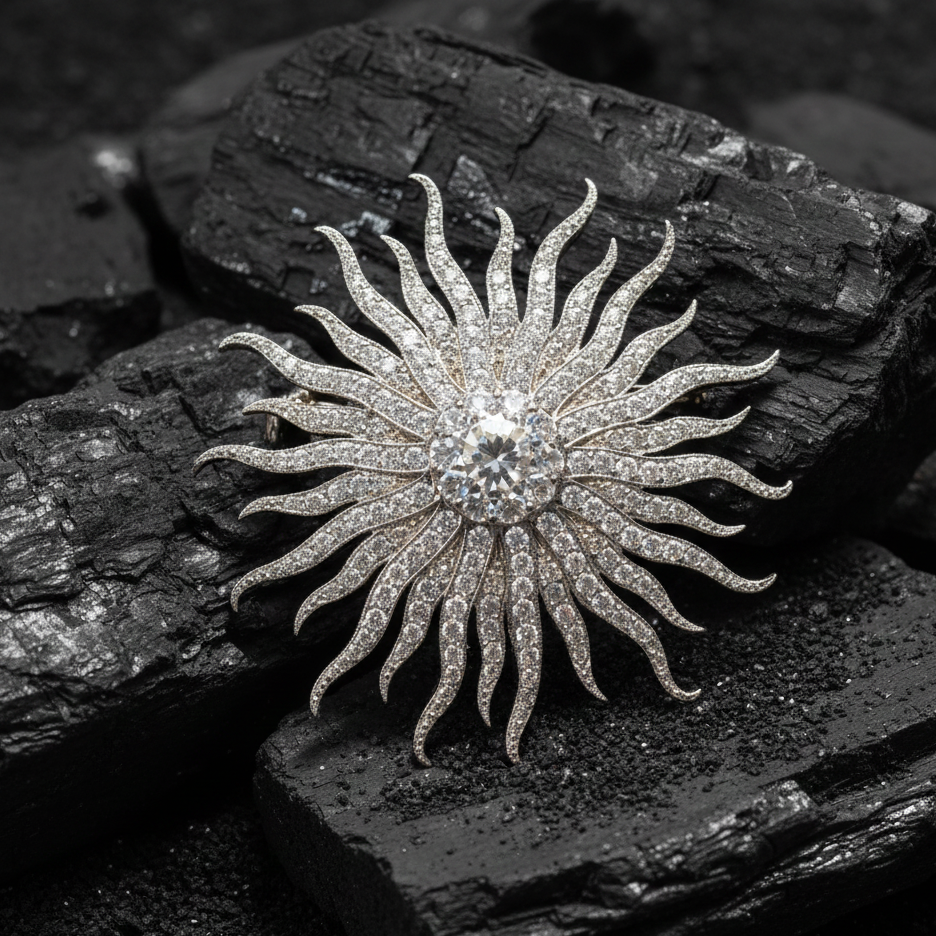 Sun Brooch in 925 Sterling Silver with Moissanite Stones
