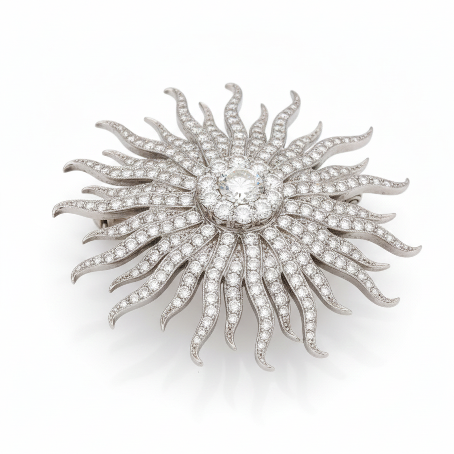 Sun Brooch in 925 Sterling Silver with Moissanite Stones