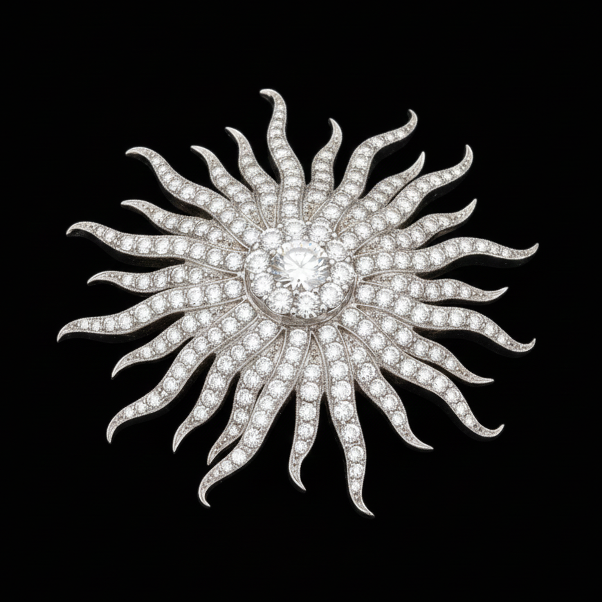 Sun Brooch in 925 Sterling Silver with Moissanite Stones