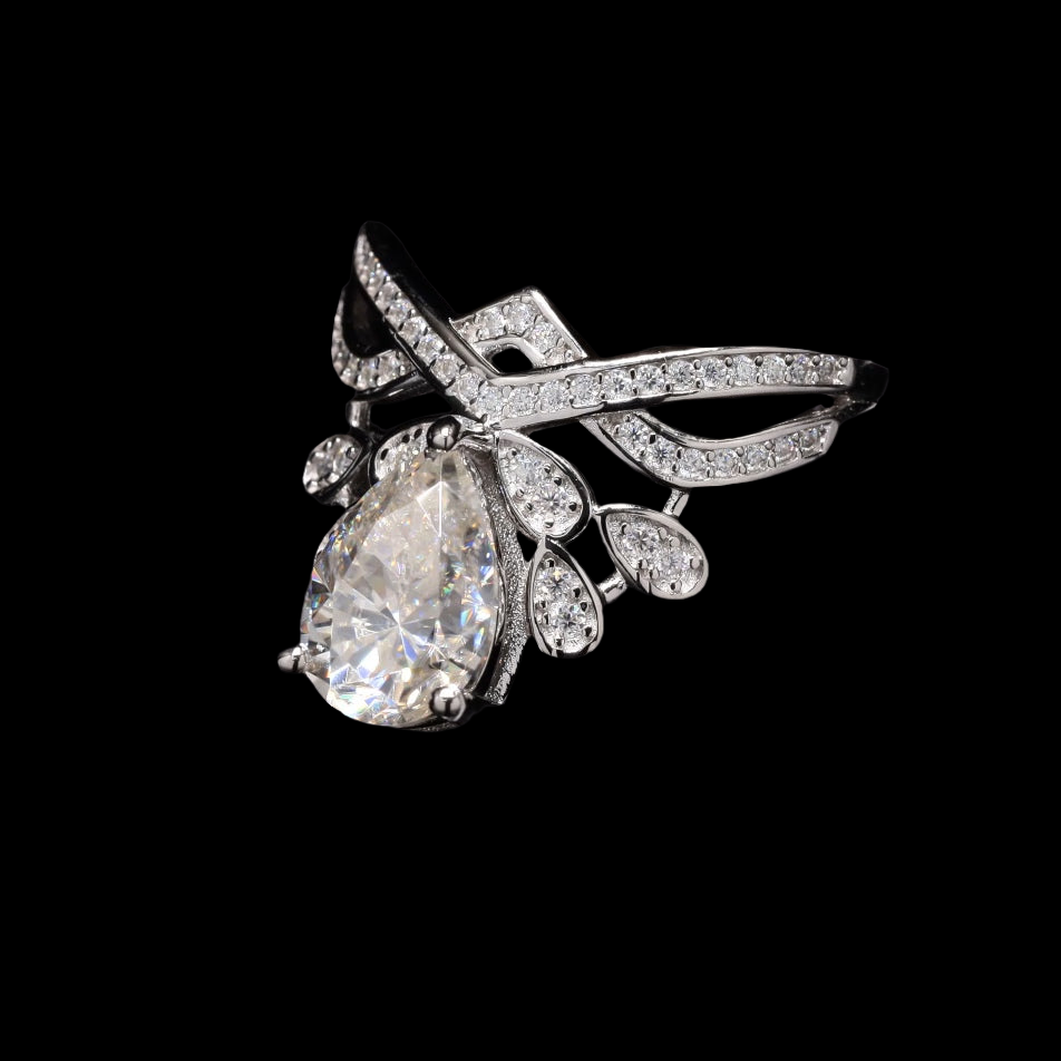 Pear Cut Crown Engagement Ring with Moissanite in Sterling Silver
